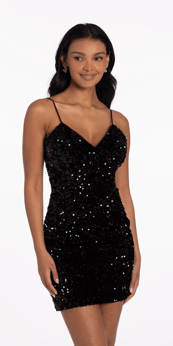Velvet Sequin Lace Up Back Bodycon Dress - Camille La Vie