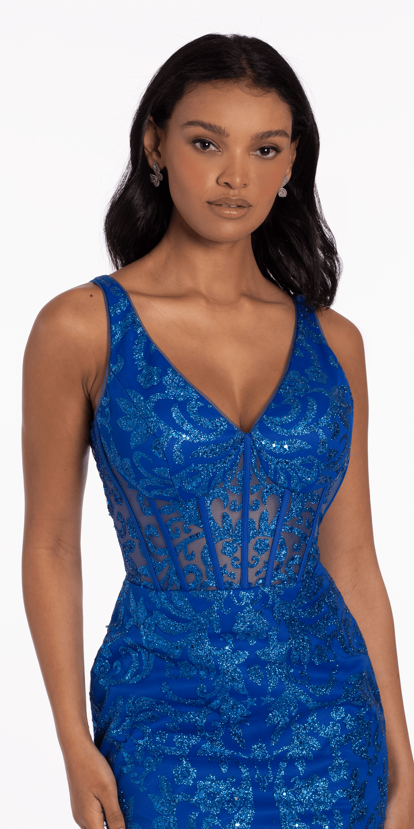 V Back Glitter Mesh Corset Bodycon Dress - Camille La Vie