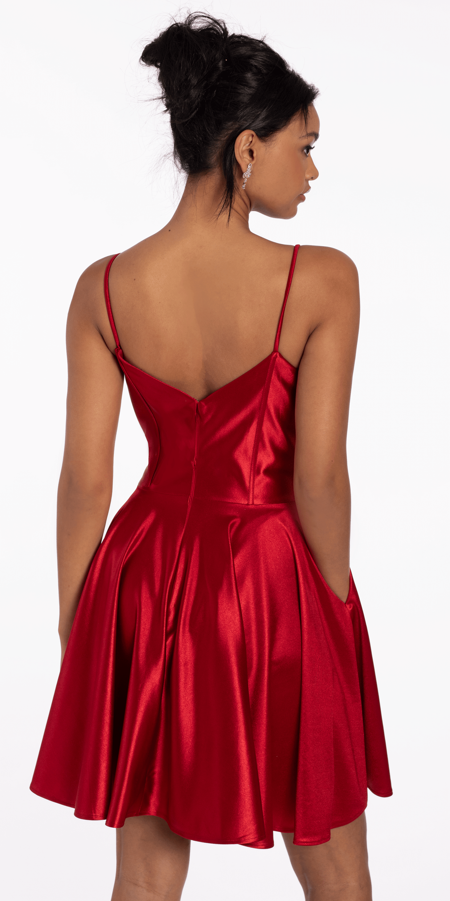 Pleated Shimmer Satin Corset Skater Dress with Pockets - Camille La Vie