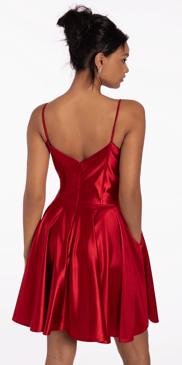 Pleated Shimmer Satin Corset Skater Dress with Pockets - Camille La Vie