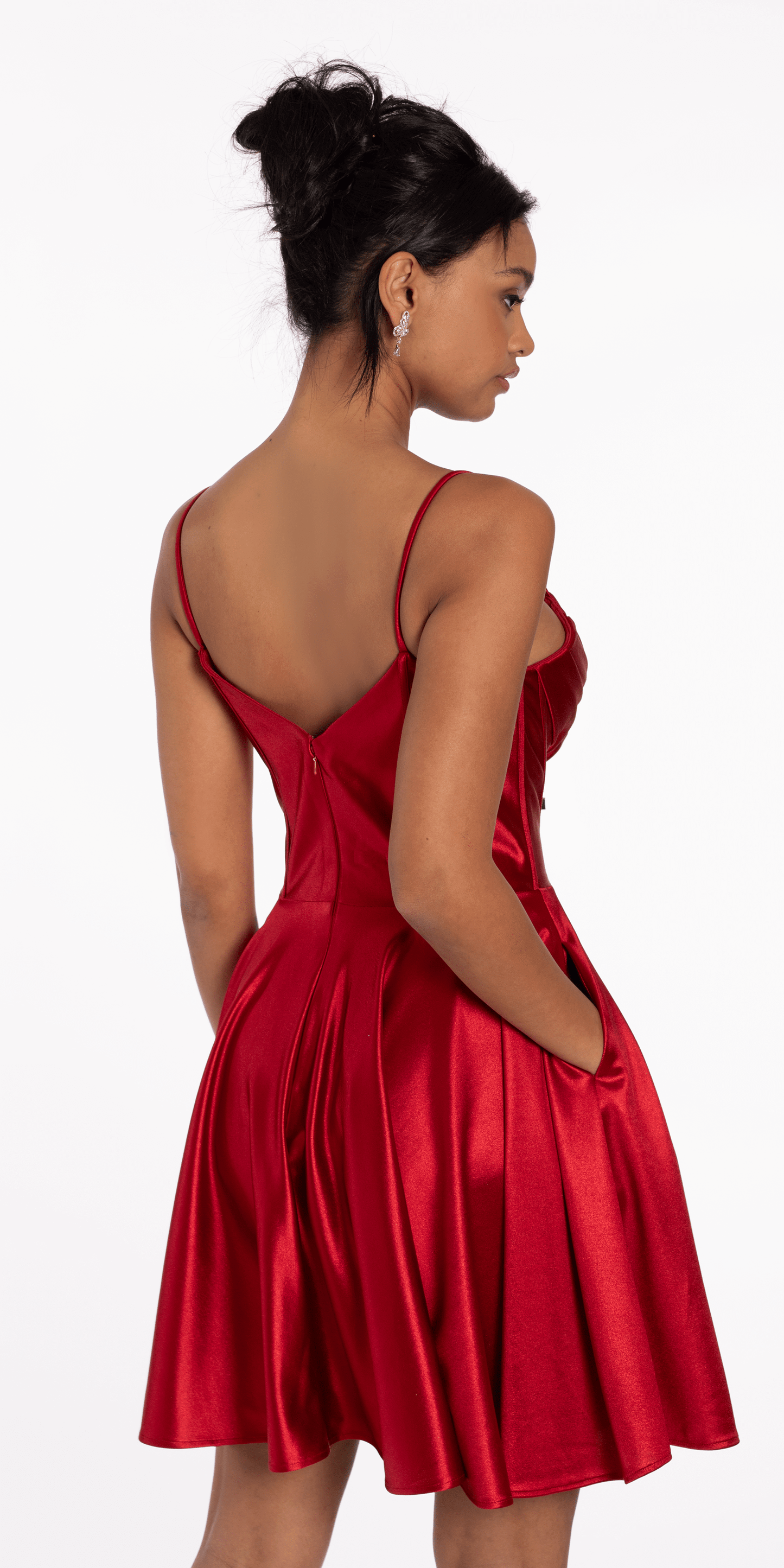 Pleated Shimmer Satin Corset Skater Dress with Pockets - Camille La Vie