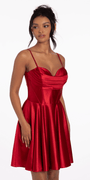 Pleated Shimmer Satin Corset Skater Dress with Pockets - Camille La Vie