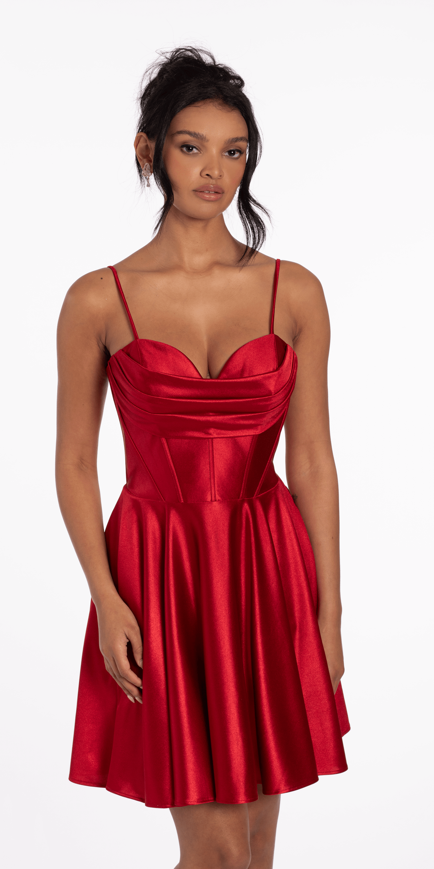 Pleated Shimmer Satin Corset Skater Dress with Pockets - Camille La Vie