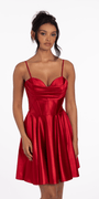 Pleated Shimmer Satin Corset Skater Dress with Pockets - Camille La Vie