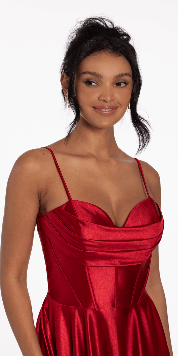Pleated Shimmer Satin Corset Skater Dress with Pockets - Camille La Vie