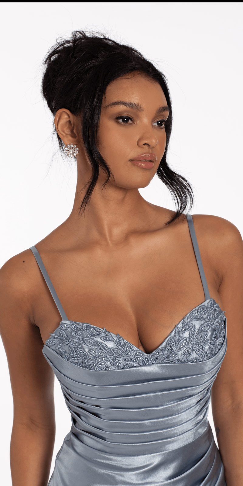 Pleated Embellished Stretch Satin Sweetheart Bodycon Dress - Camille La Vie