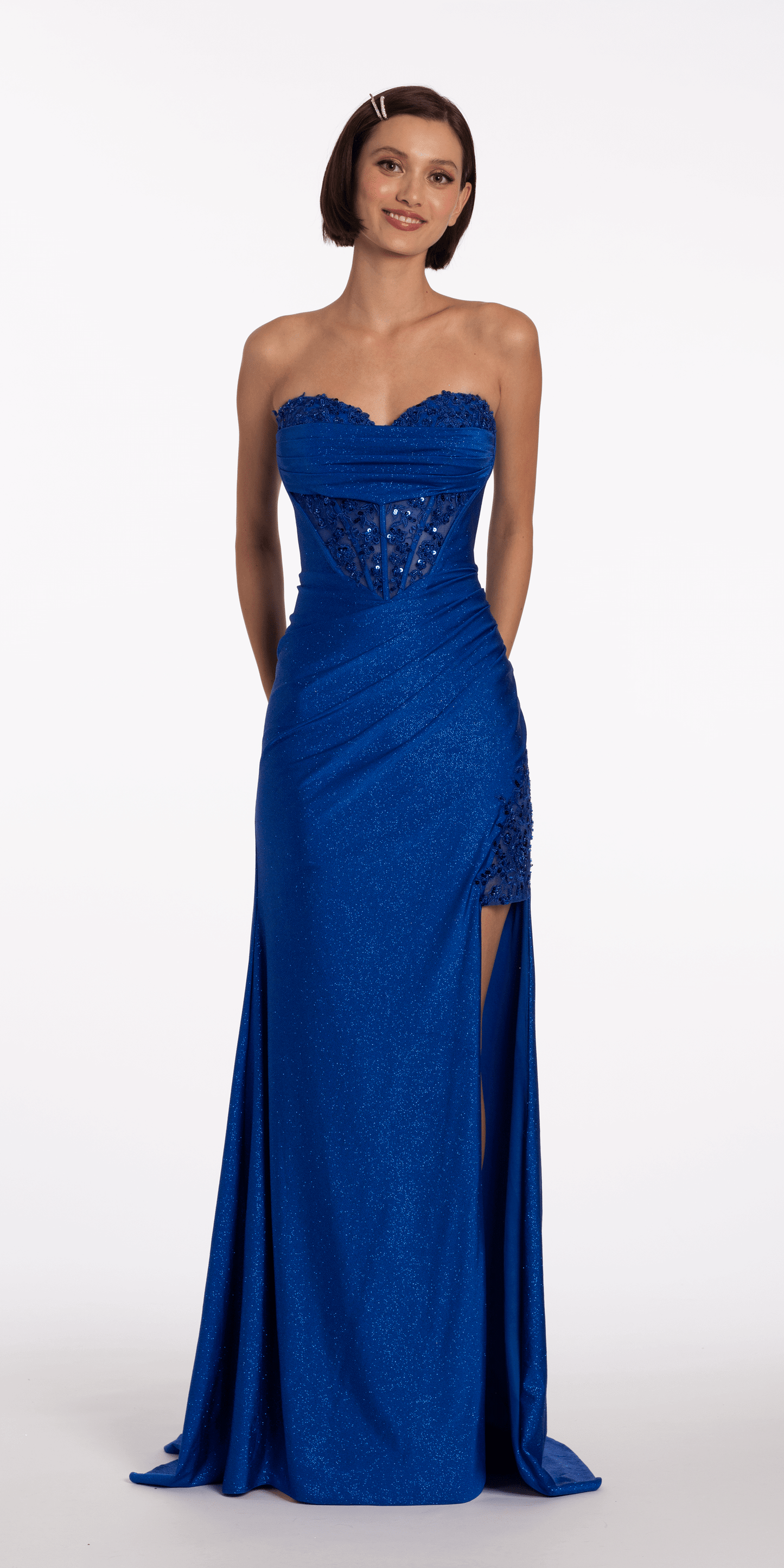 royal-blue/size/4/missy/Camille La Vie/Strapless Sweetheart Glitter Corset Column Dress with Exaggerated Slit/front alt