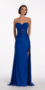 royal-blue/size/4/missy/Camille La Vie/Strapless Sweetheart Glitter Corset Column Dress with Exaggerated Slit/front alt
