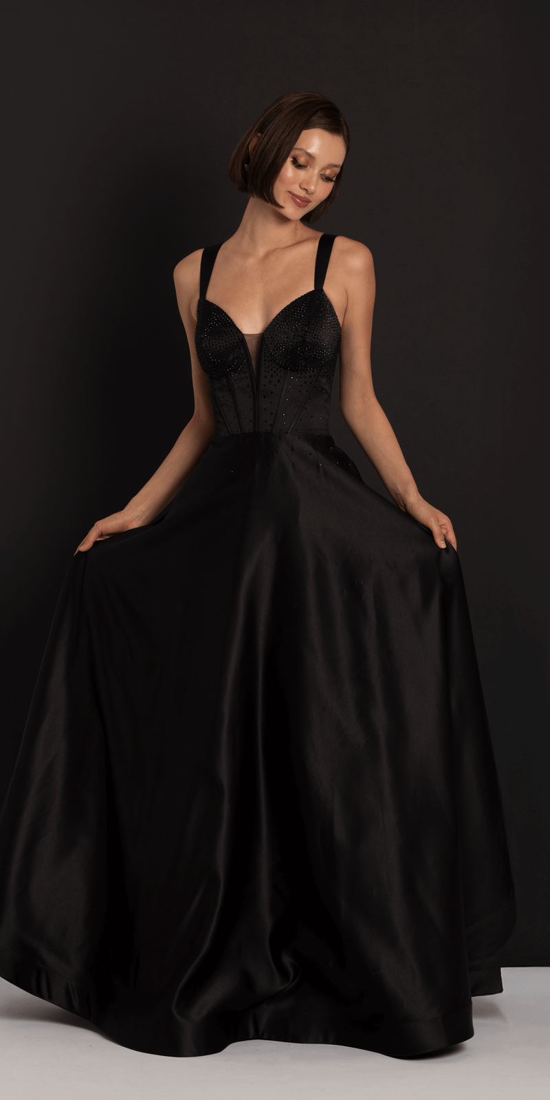 Beaded Satin Sweetheart Corset A Line Dress with Pockets - Camille La Vie