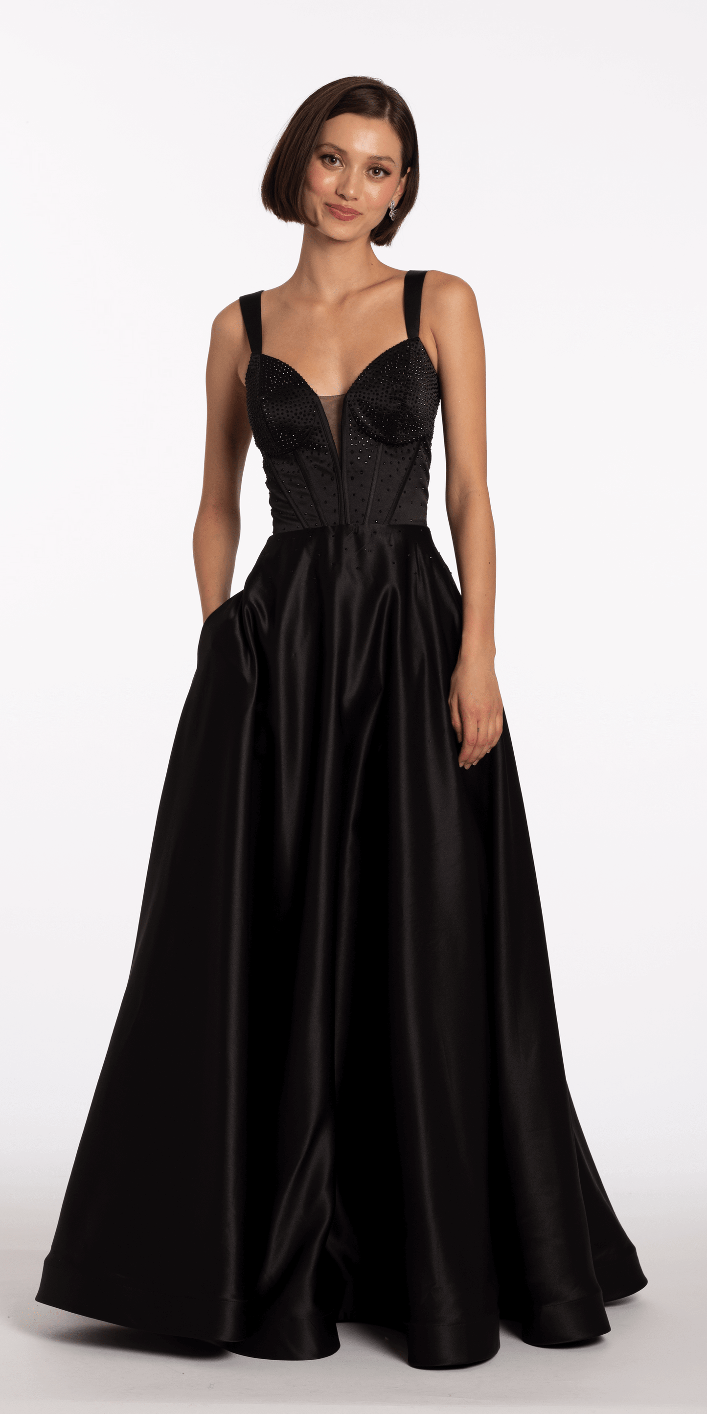 Beaded Satin Sweetheart Corset A Line Dress with Pockets - Camille La Vie