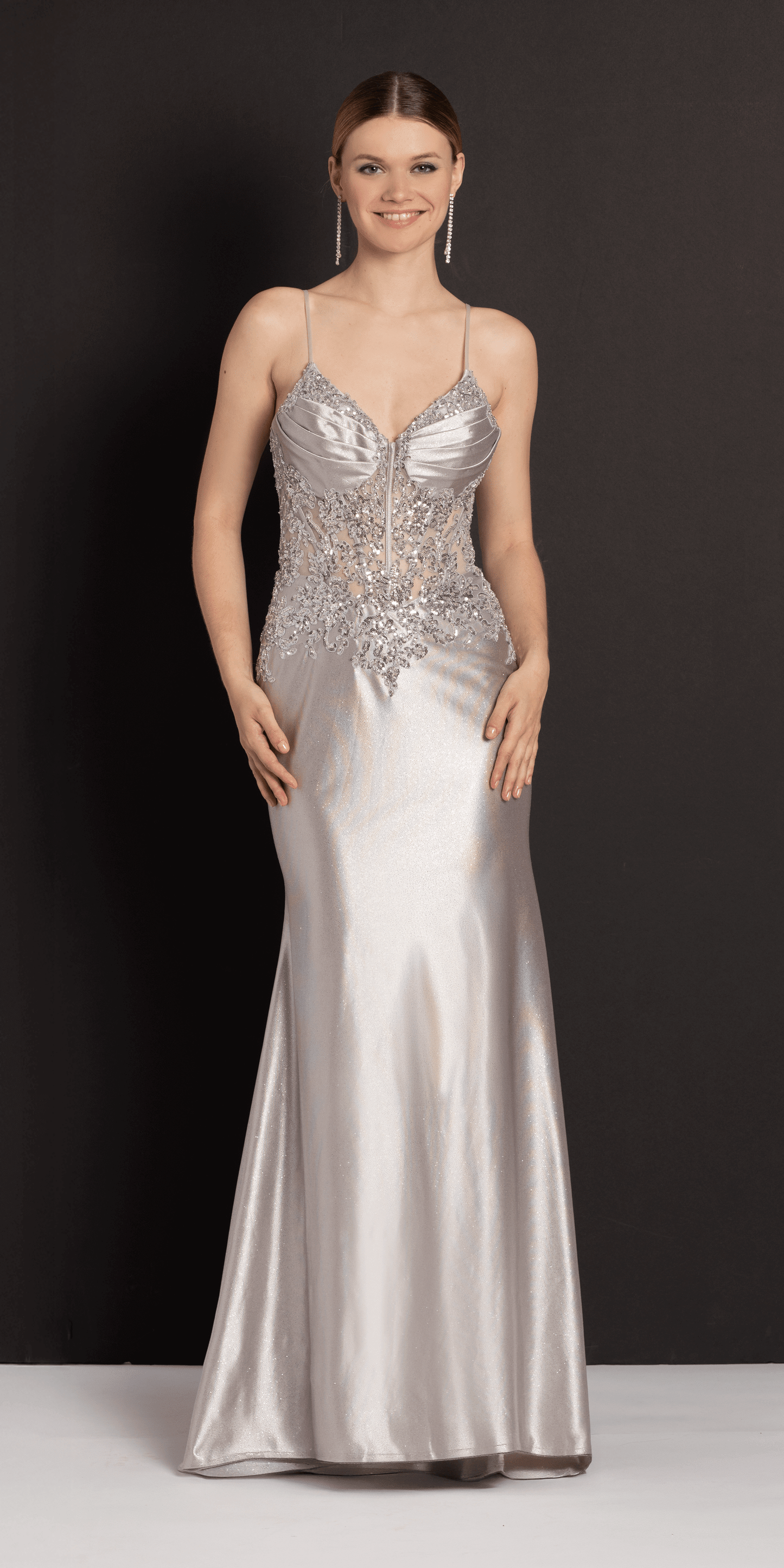 Satin Embellished Pleated Sweetheart Glitter Column Dress - Camille La Vie