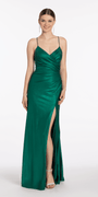 Strappy Back Foil Jersey Column Dress with Ruching - Camille La Vie