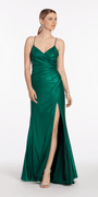 Strappy Back Foil Jersey Column Dress with Ruching - Camille La Vie