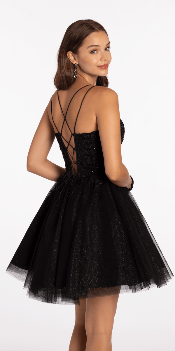 Mesh Plunge Fit and Flare Dress with Beaded Appliques - Camille La Vie
