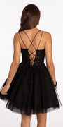 Mesh Plunge Fit and Flare Dress with Beaded Appliques - Camille La Vie