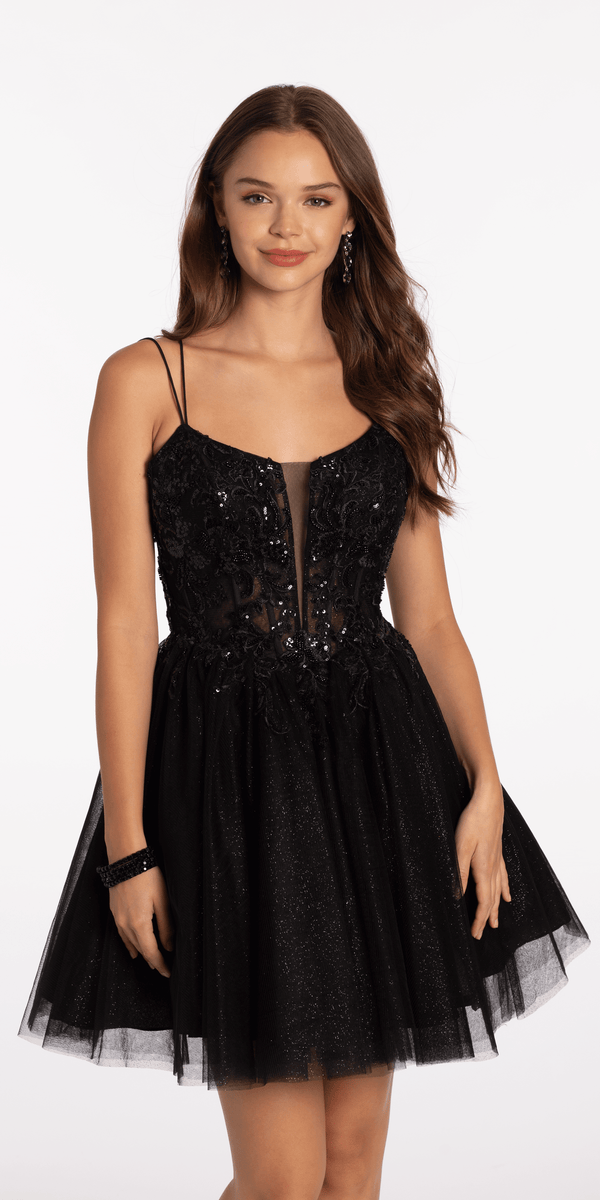 Mesh Plunge Fit and Flare Dress with Beaded Appliques - Camille La Vie