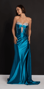 Satin Strapless Rhinestone A Line Dress with Peek-a-Boo Bodice - Camille La Vie