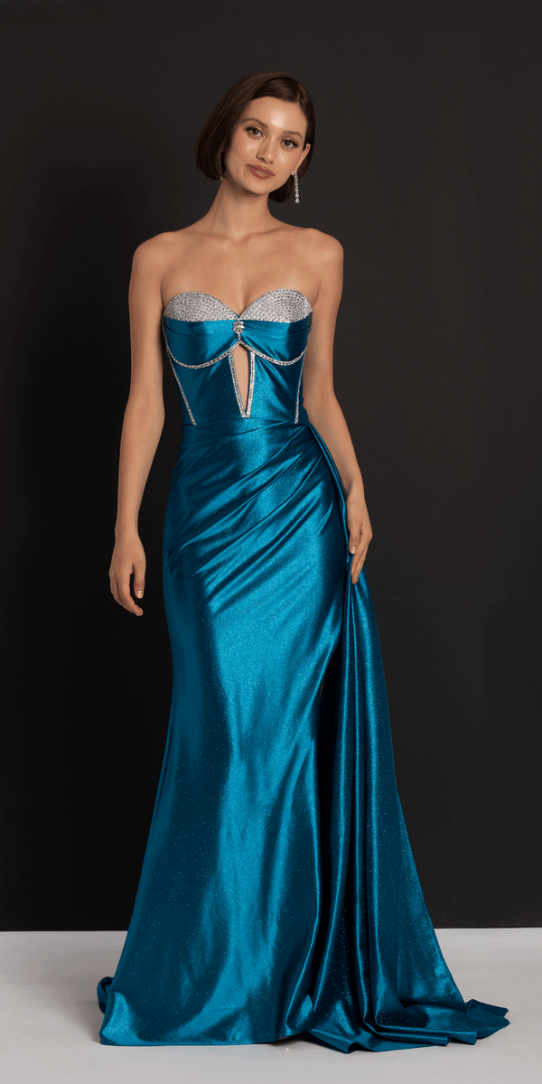 Satin Strapless Rhinestone A Line Dress with Peek-a-Boo Bodice - Camille La Vie