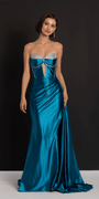 Satin Strapless Rhinestone A Line Dress with Peek-a-Boo Bodice - Camille La Vie