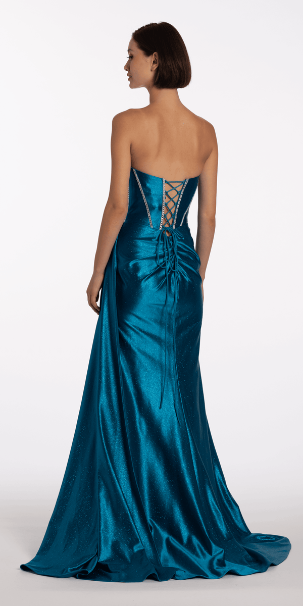 Satin Strapless Rhinestone A Line Dress with Peek-a-Boo Bodice - Camille La Vie