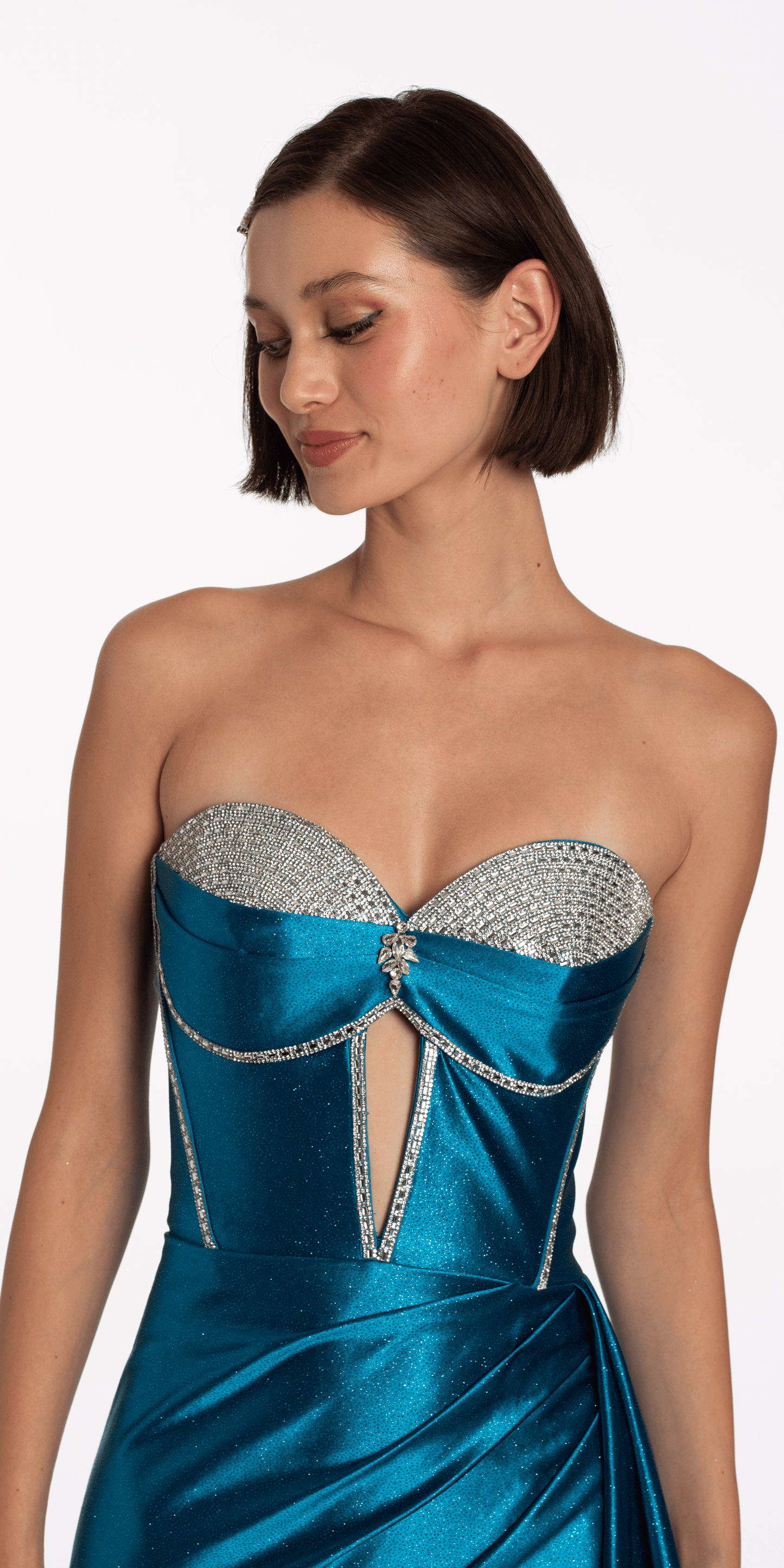 Satin Strapless Rhinestone A Line Dress with Peek-a-Boo Bodice - Camille La Vie
