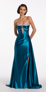 Satin Strapless Rhinestone A Line Dress with Peek-a-Boo Bodice - Camille La Vie