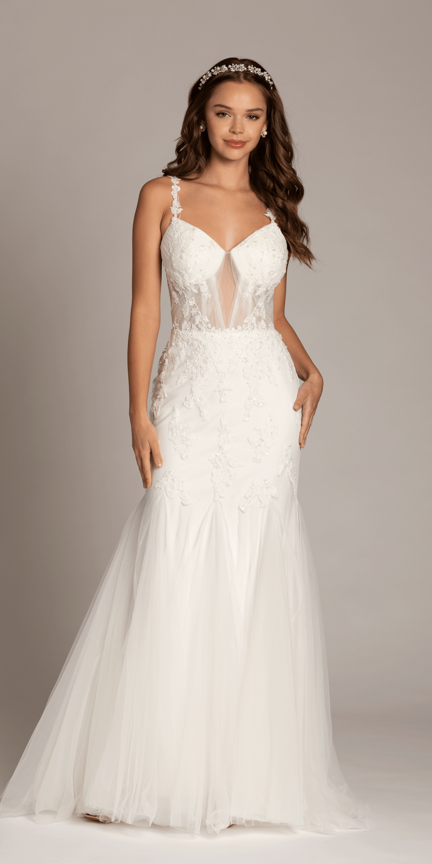 ivory/size/4/missy/Camille La Vie/Mesh Sweetheart Plunge Mermaid Dress with Beaded Appliques /front