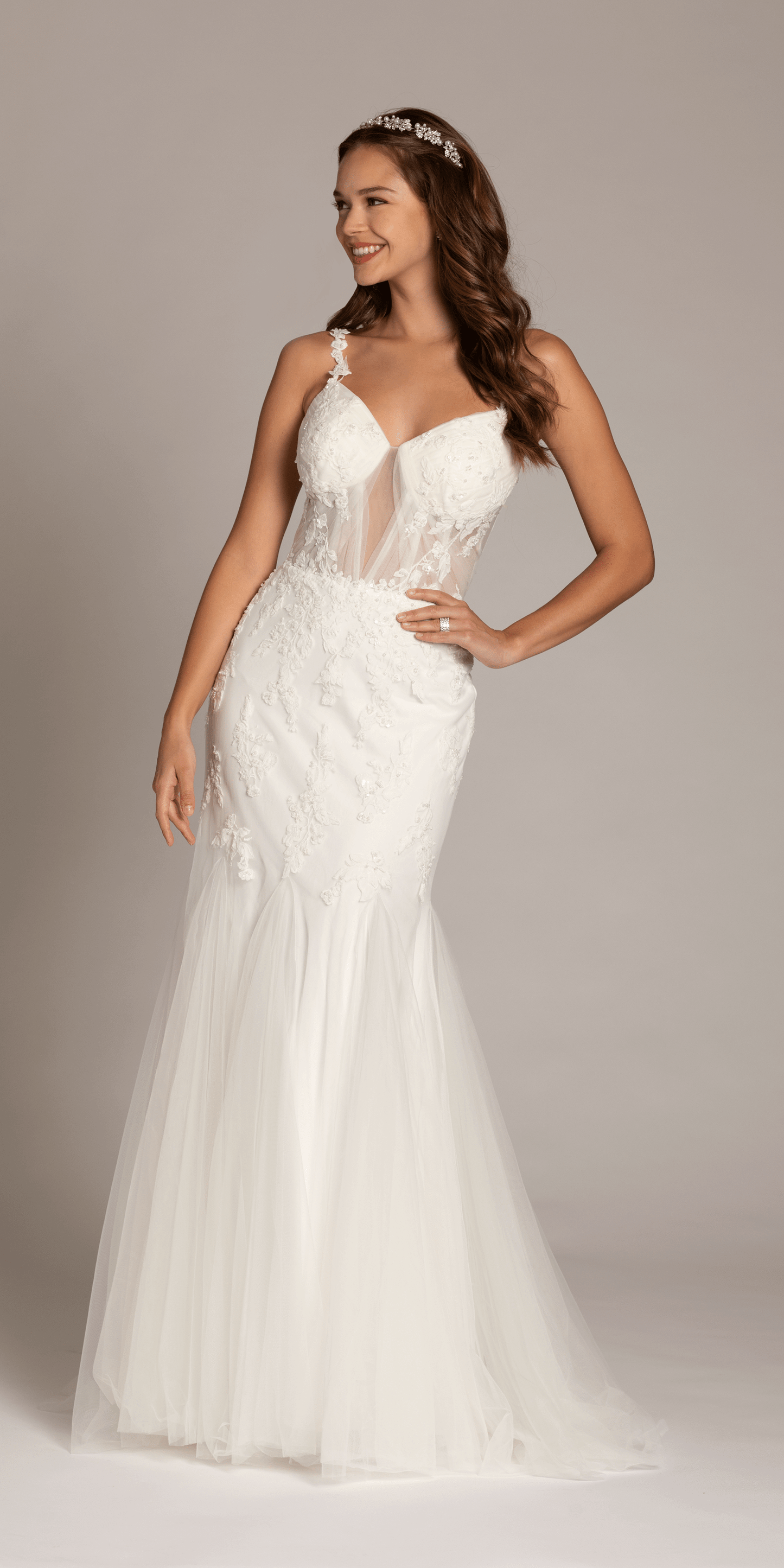 ivory/size/4/missy/Camille La Vie/Mesh Sweetheart Plunge Mermaid Dress with Beaded Appliques /front at