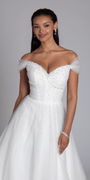 ivory/size/4/missy/Camille La Vie/Pearl Sweetheart Pleated Off the Shoulder Corset Tulle Ballgown/close up alt