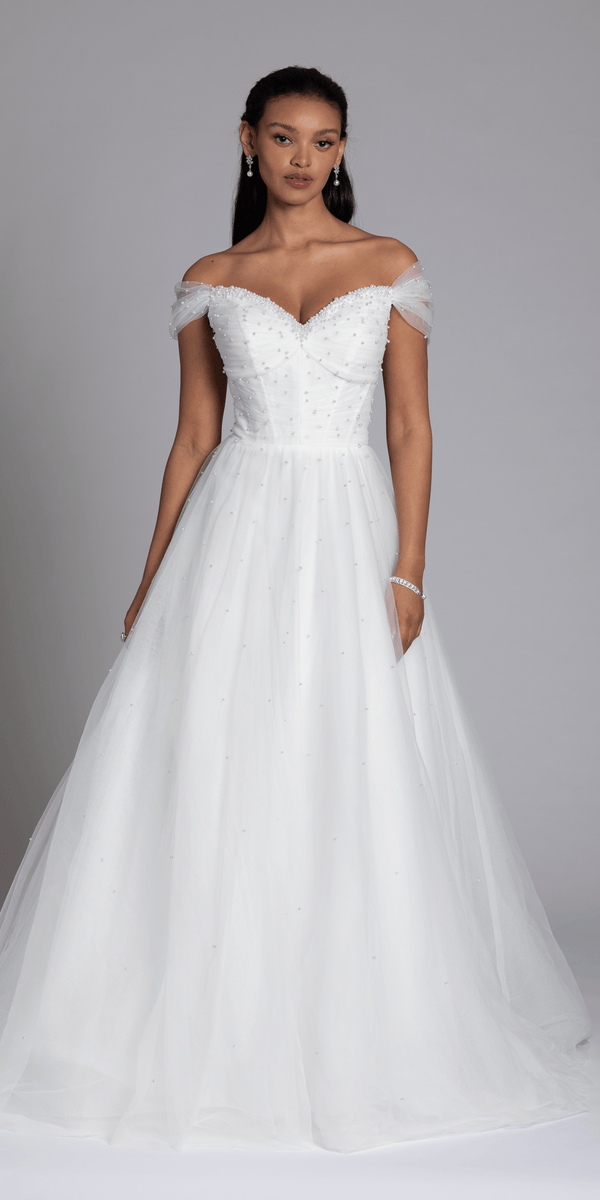ivory/size/4/missy/Camille La Vie/Pearl Sweetheart Pleated Off the Shoulder Corset Tulle Ballgown/front