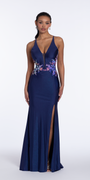 Stretch Jersey Plunge Halter Column Dress with Embellished Waist - Camille La Vie