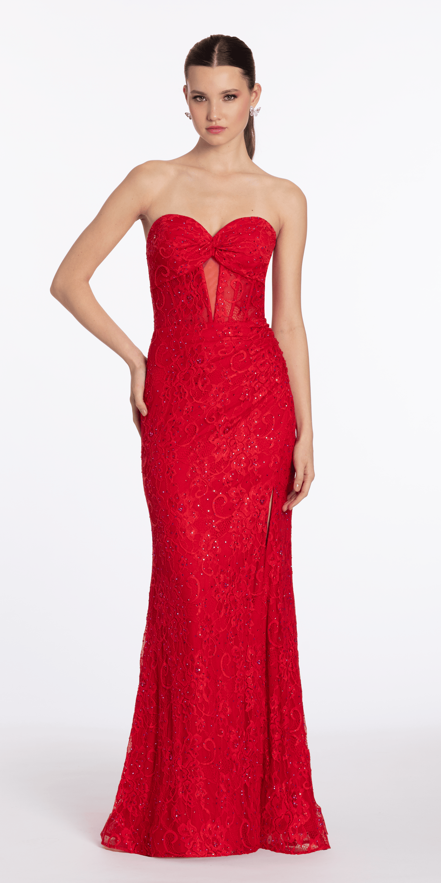 Lace Embellished Strapless Trumpet Dress with Peek-a-Boo Illusion Corset - Camille La Vie