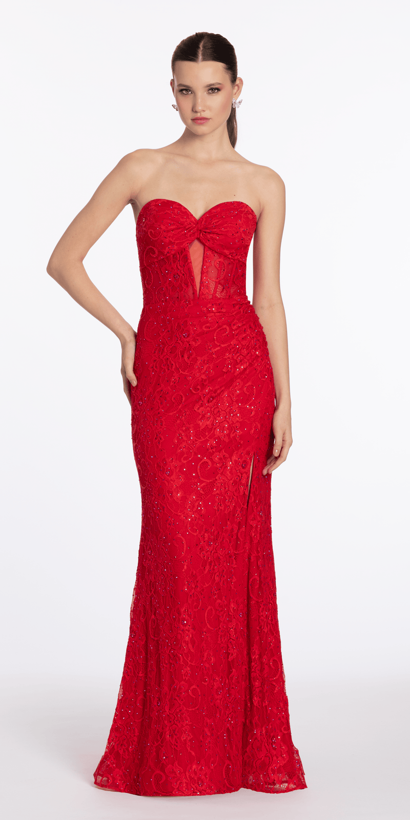 Lace Embellished Strapless Trumpet Dress with Peek-a-Boo Illusion Corset - Camille La Vie