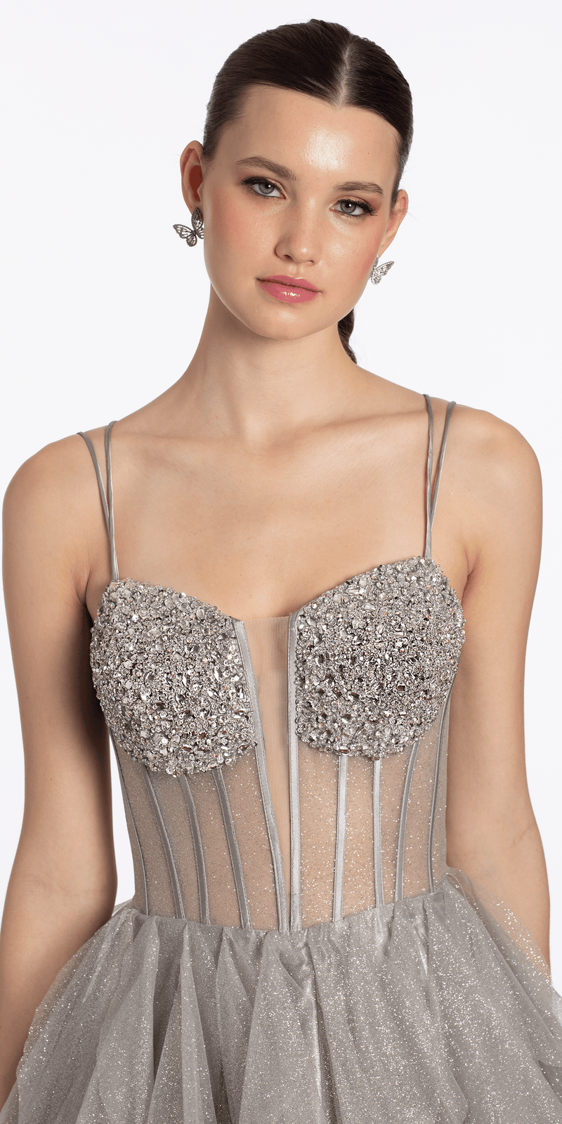 Strappy Back Rhinestone Corset Glitter Tulle Ballgown - Camille La Vie