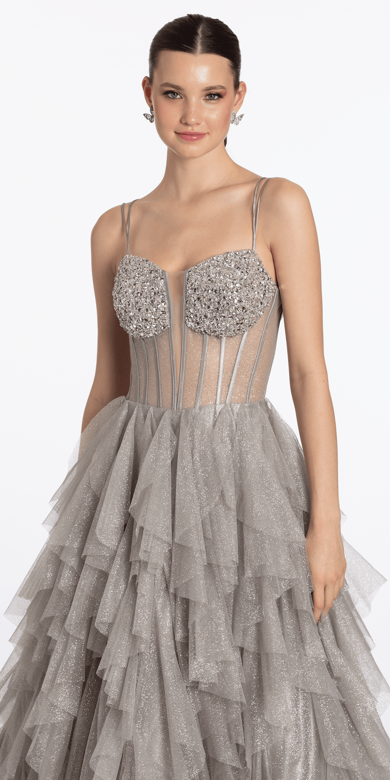 Strappy Back Rhinestone Corset Glitter Tulle Ballgown - Camille La Vie