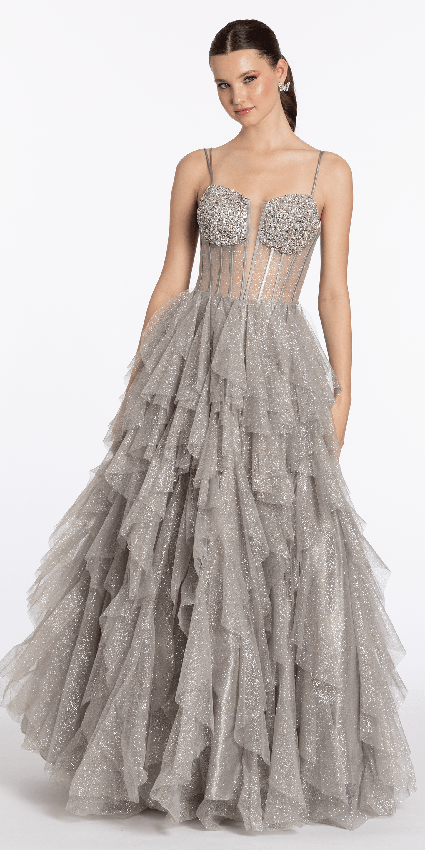 Strappy Back Rhinestone Corset Glitter Tulle Ballgown - Camille La Vie