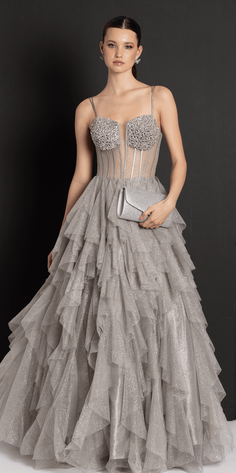 Strappy Back Rhinestone Corset Glitter Tulle Ballgown - Camille La Vie