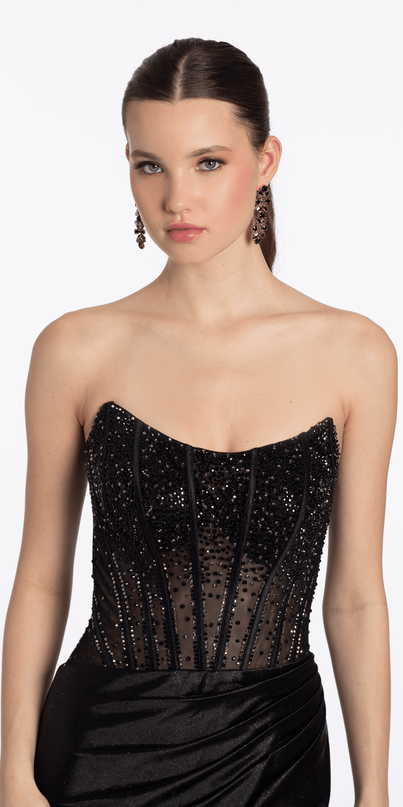 Open Back Strapless Corset Shimmer Spandex Column Dress - Camille La Vie