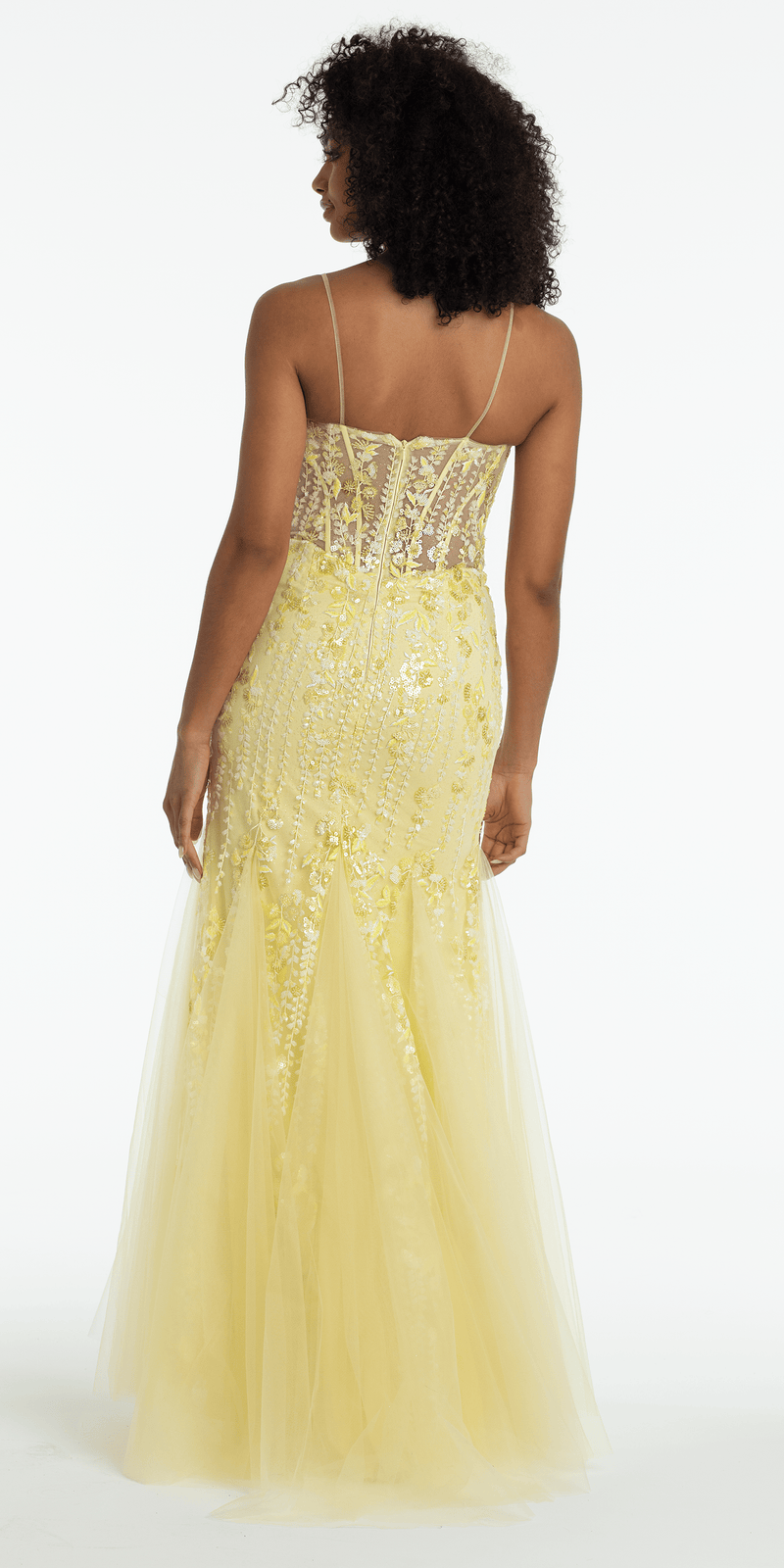 Sequin V Neck Mesh Embroidered Mermaid Dress with Godets - Camille La Vie