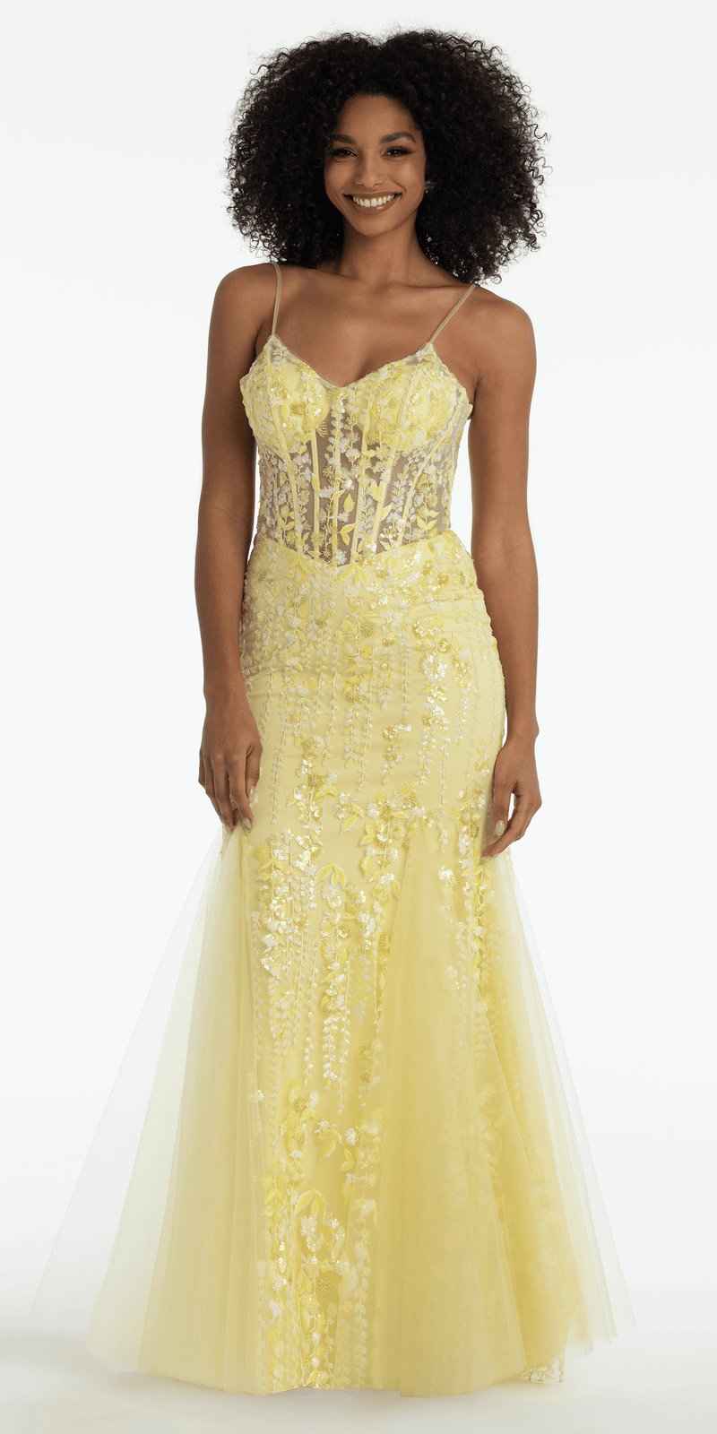 Sequin V Neck Mesh Embroidered Mermaid Dress with Godets - Camille La Vie