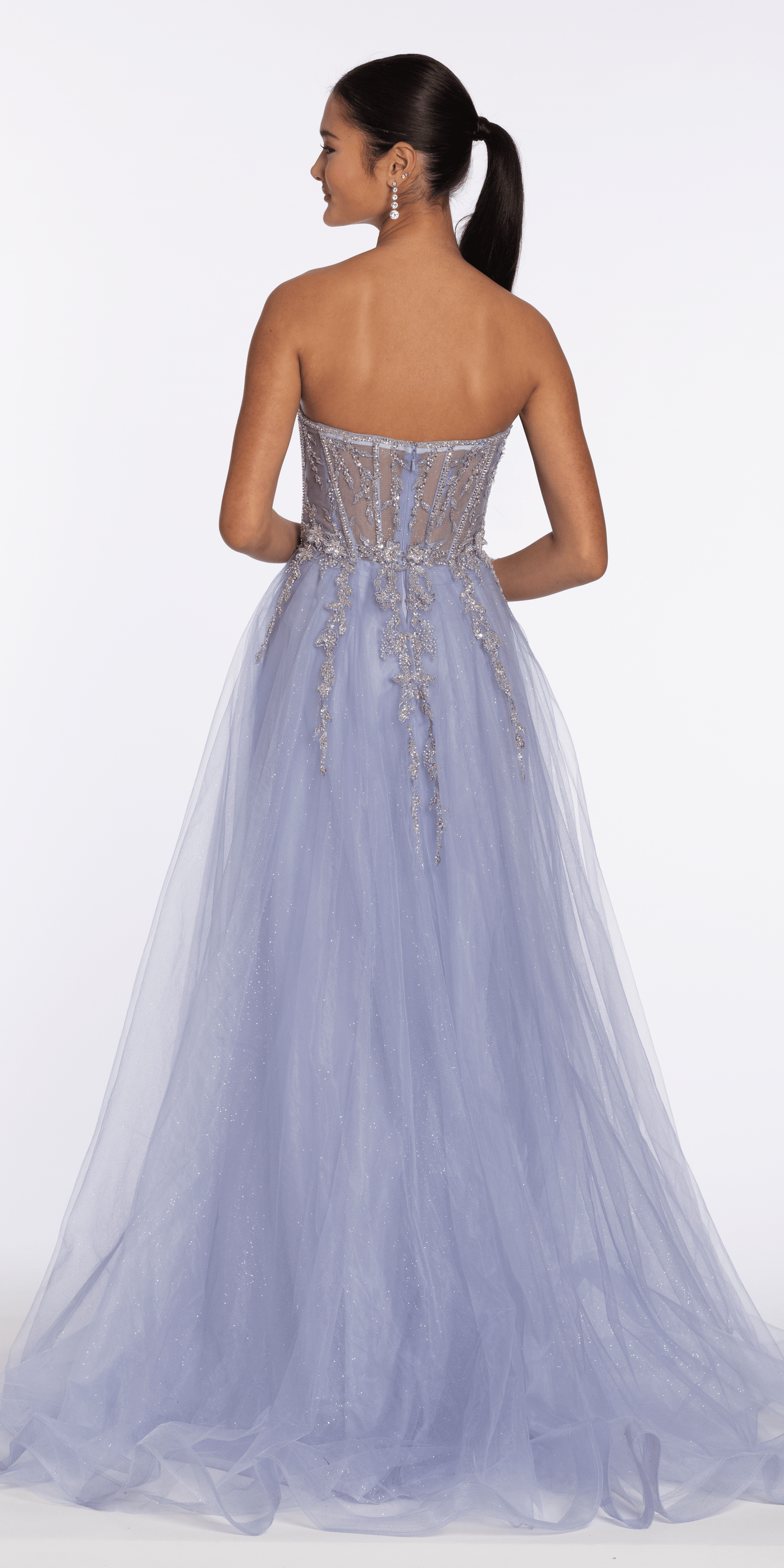 Pearl Beaded Strapless Corset Glitter Mesh A Line Dress - Camille La Vie