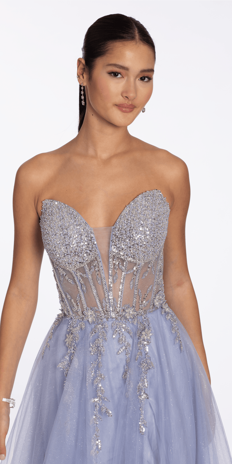 Pearl Beaded Strapless Corset Glitter Mesh A Line Dress - Camille La Vie