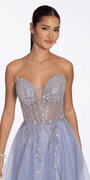 Pearl Beaded Strapless Corset Glitter Mesh A Line Dress - Camille La Vie