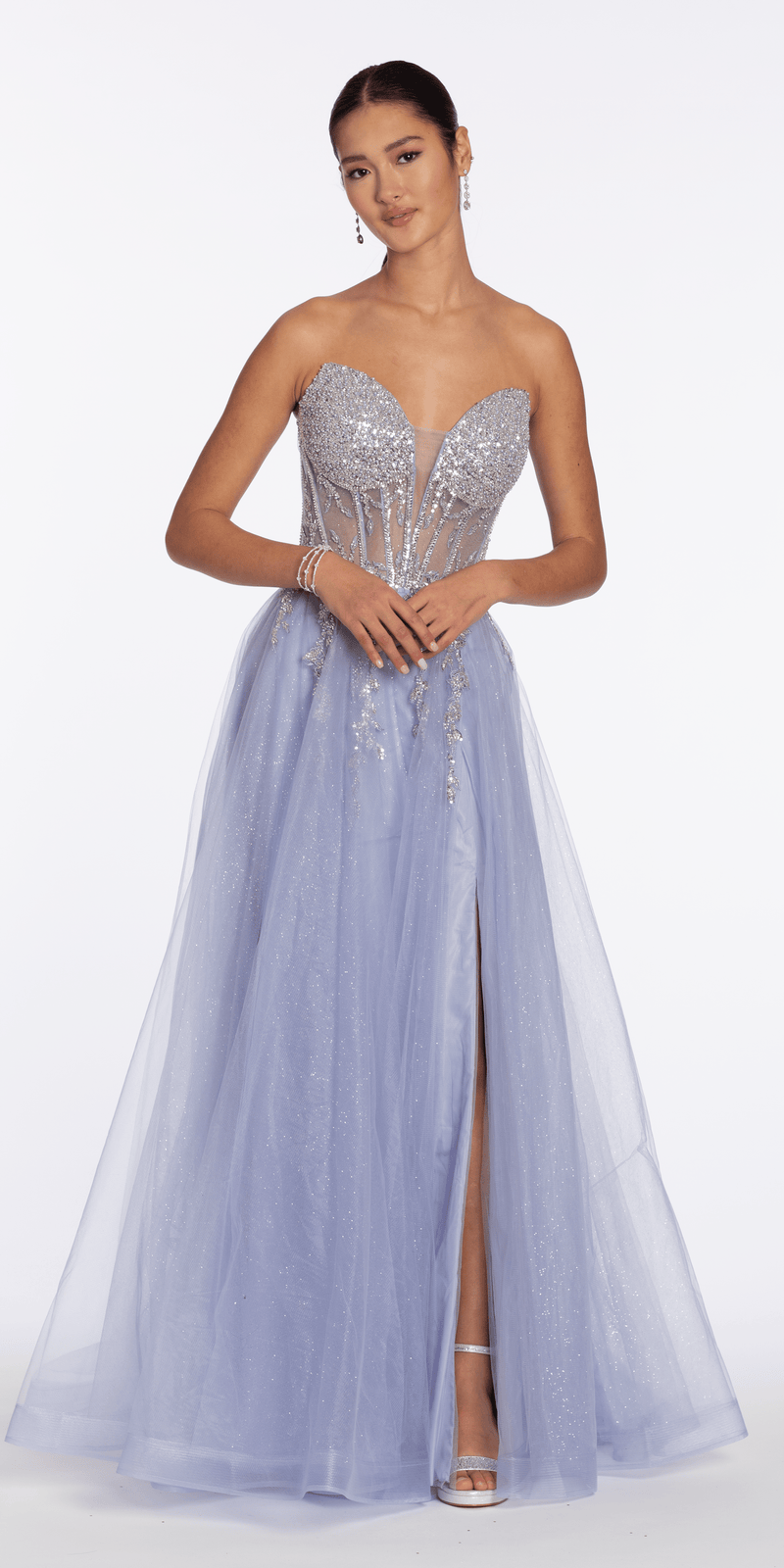 Pearl Beaded Strapless Corset Glitter Mesh A Line Dress - Camille La Vie