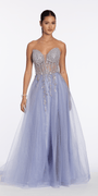 Pearl Beaded Strapless Corset Glitter Mesh A Line Dress - Camille La Vie