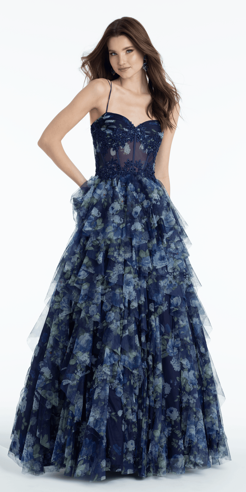 blue-multi/size/4/missy/Camille La Vie/Floral Mesh Sweetheart Corset Tiered Ballgown with Embroidery/front