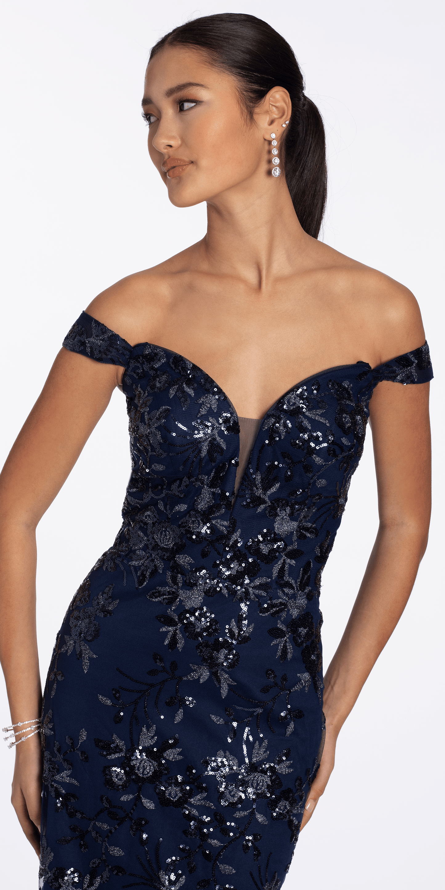 Sequin Embellished Mesh Off the Shoulder Mermaid Dress with Godets - Camille La Vie