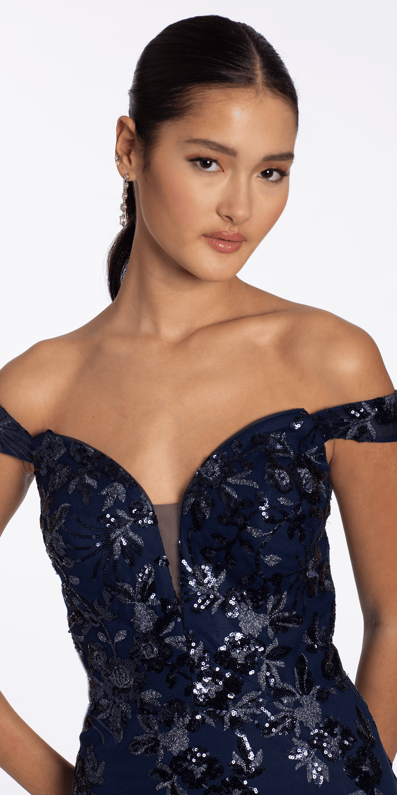 Sequin Embellished Mesh Off the Shoulder Mermaid Dress with Godets - Camille La Vie