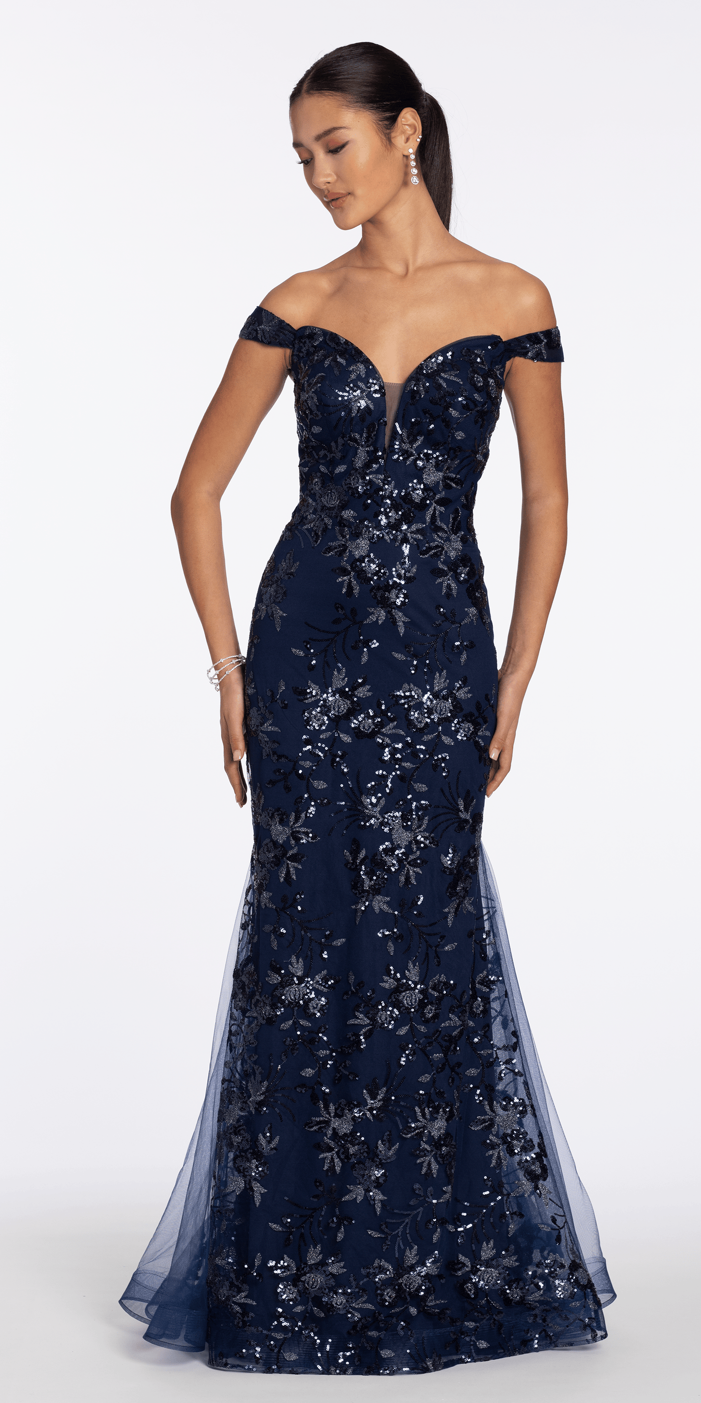 Sequin Embellished Mesh Off the Shoulder Mermaid Dress with Godets - Camille La Vie