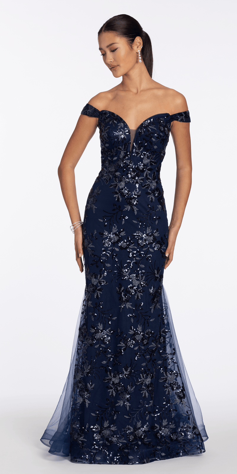Sequin Embellished Mesh Off the Shoulder Mermaid Dress with Godets - Camille La Vie